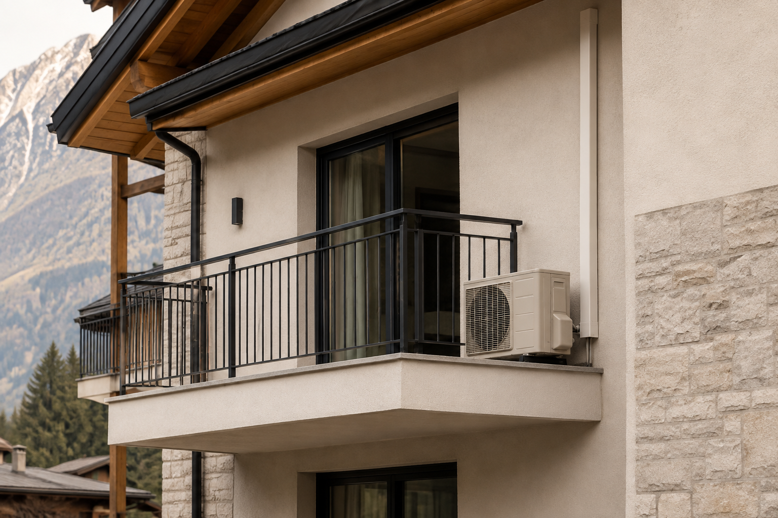 Unità esterna di climatizzazione integrata su un balcone condominiale
