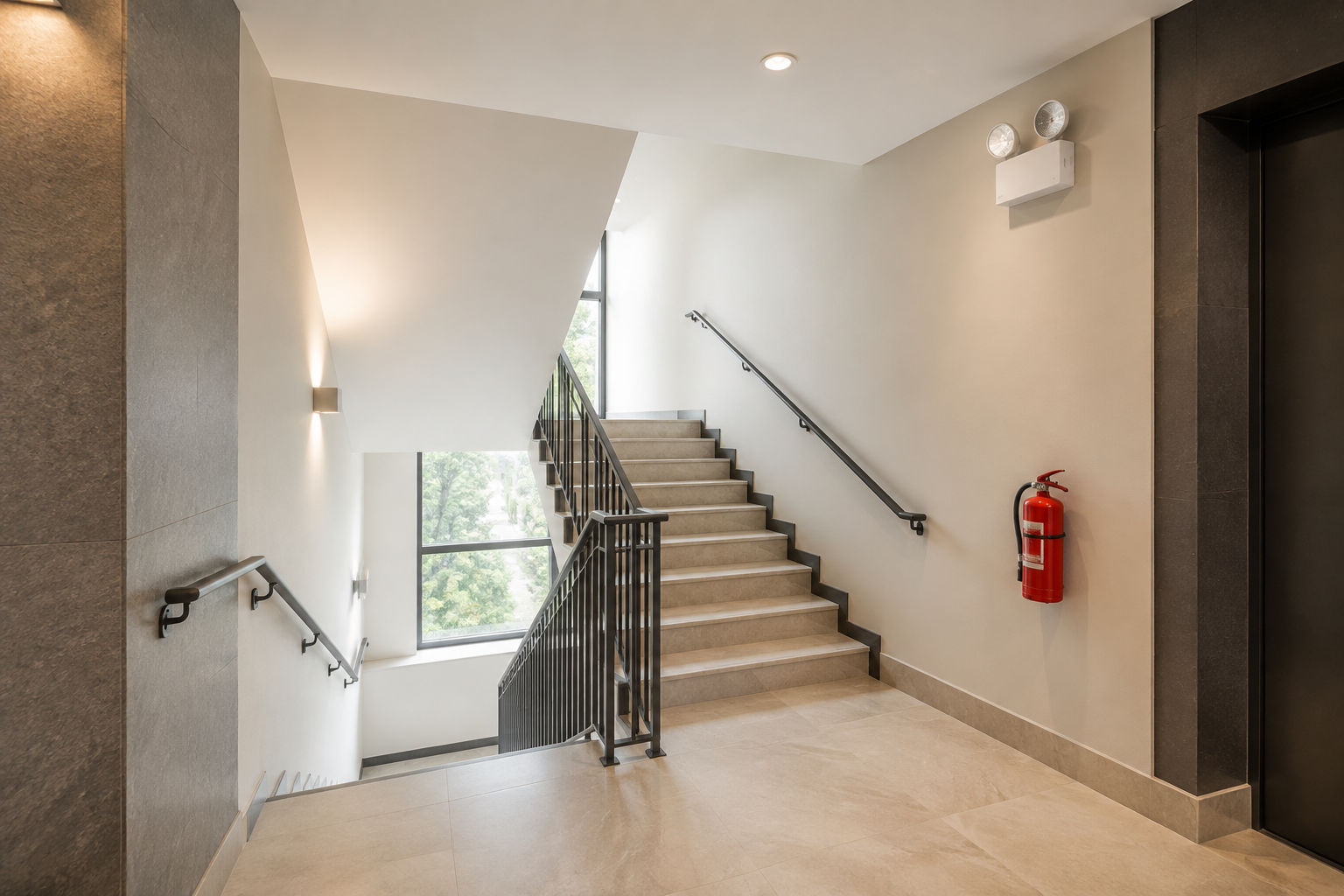 Vano scala condominiale con illuminazione di emergenza ed estintore